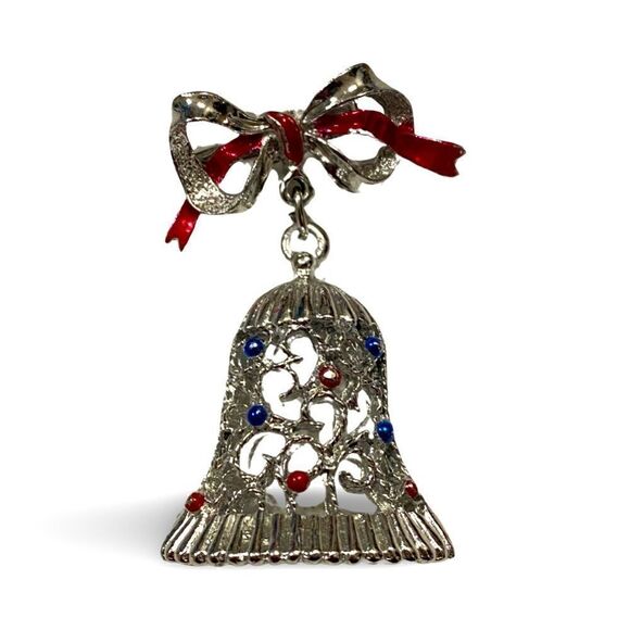 Brooch – Vintage 1980s Silver-Tone Christmas Bell - Picture 1 of 3